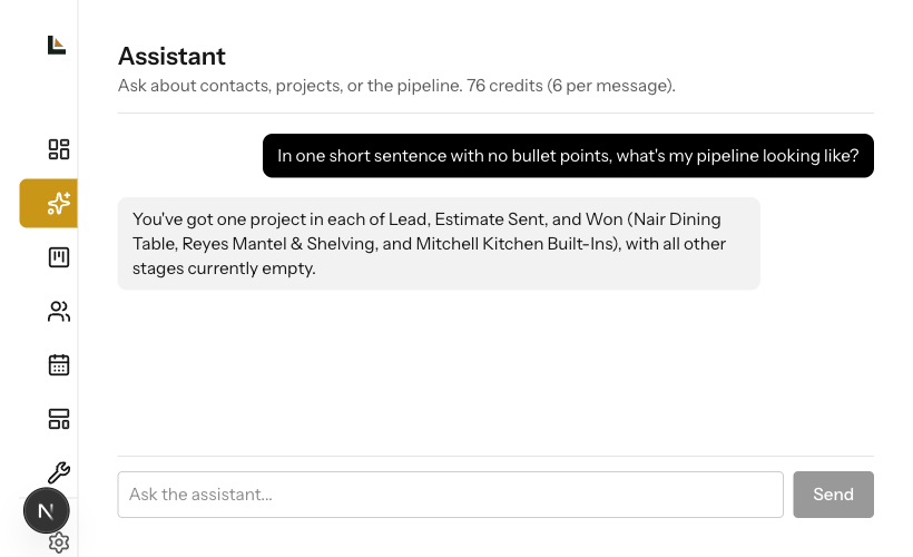 The real in-app assistant answering a question about the pipeline using your own shop's data