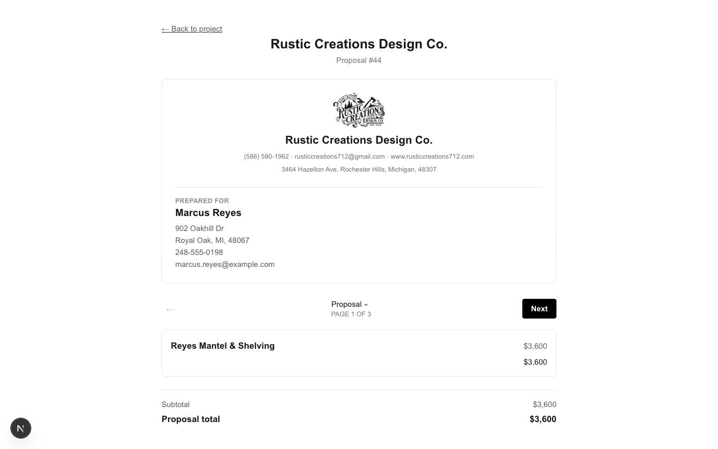 A real proposal your client sees, with your own branding