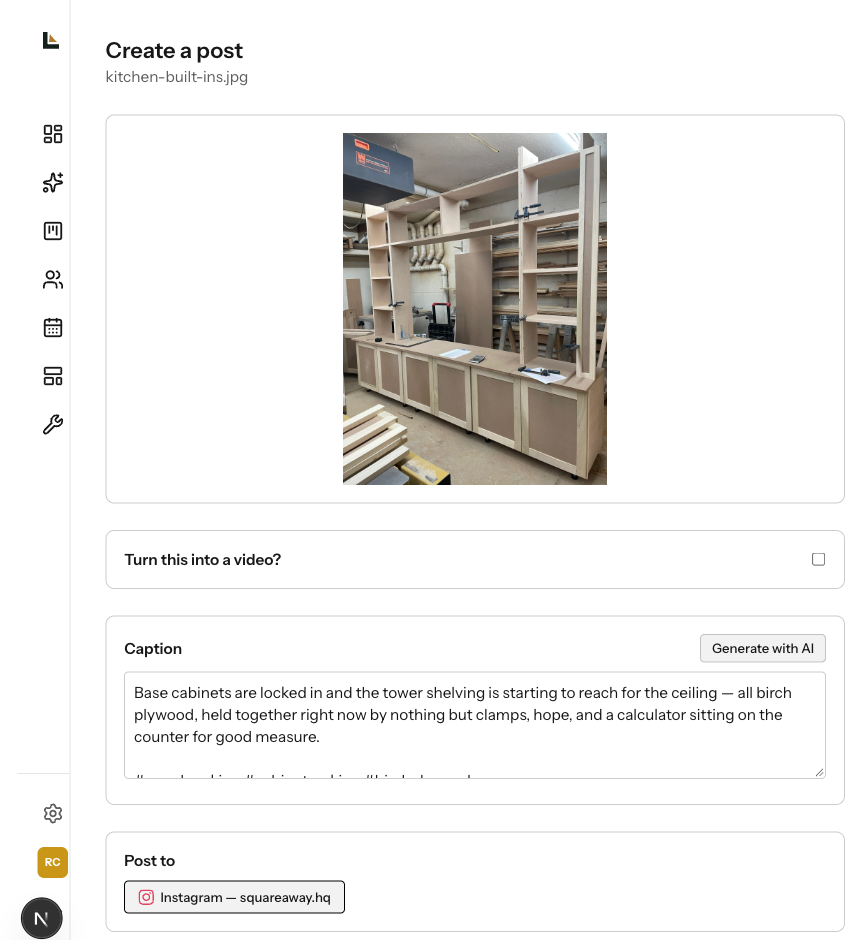 A real job photo turned into a drafted social caption, ready to post