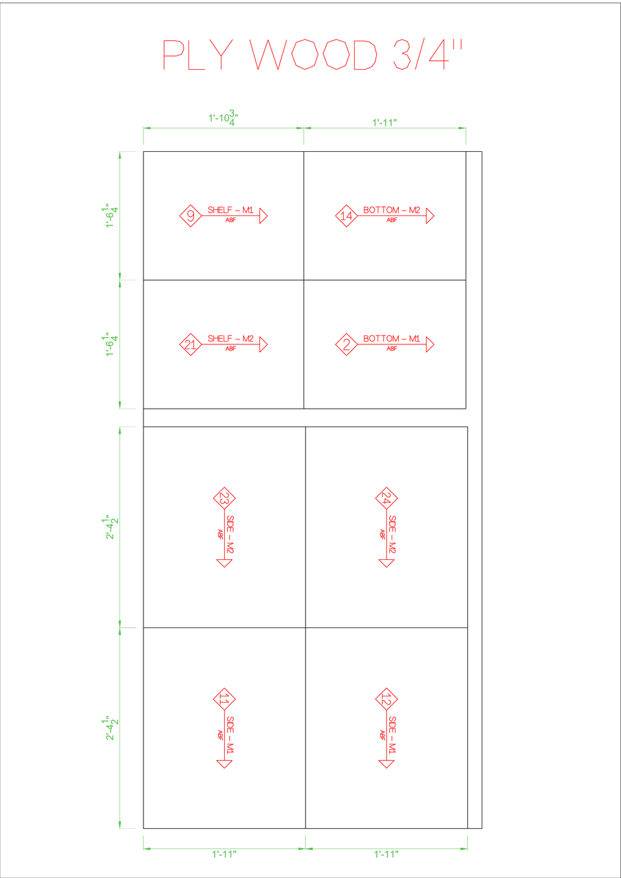 A real cut list page from one of our own jobs, showing sheet layout, part numbers, and dimensions