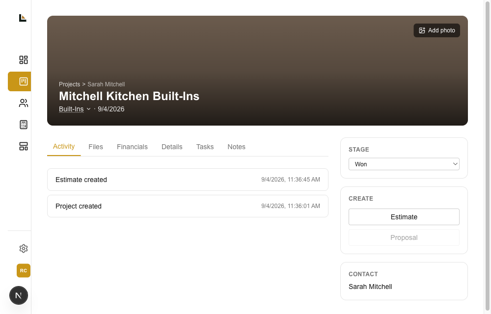 A single Square Away project page for one customer, showing stage, activity, and options to create an estimate or proposal
