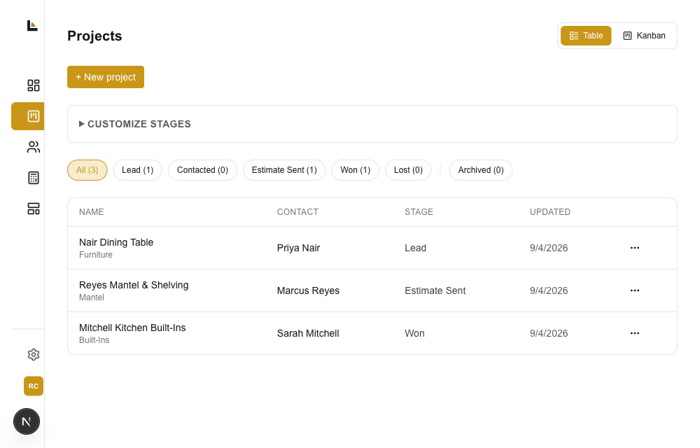 Square Away projects list showing every job and what stage it's in, from Lead to Won