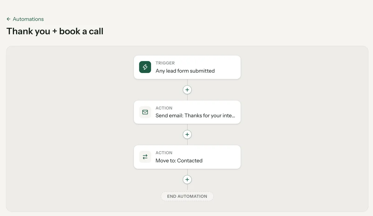 An automation built one step at a time: when any lead form is submitted, send a thank you email, then move the job to Contacted