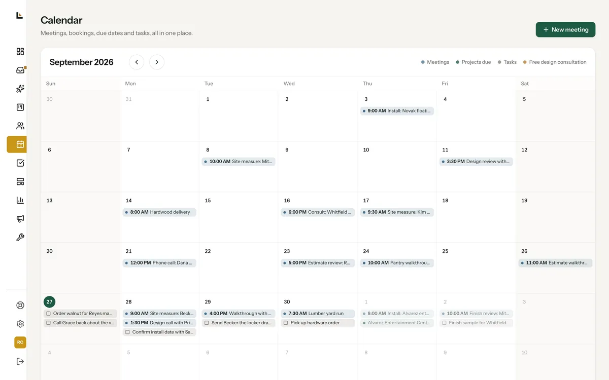 The Square Away calendar for September, with site measures, design calls, installs and tasks on their days