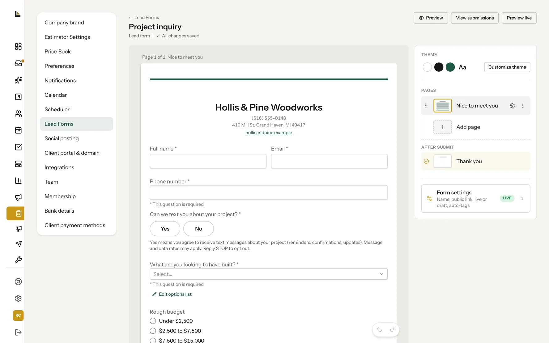 The lead form builder with a project inquiry form: name, email, phone, what they want built, a rough budget, and photos of the space