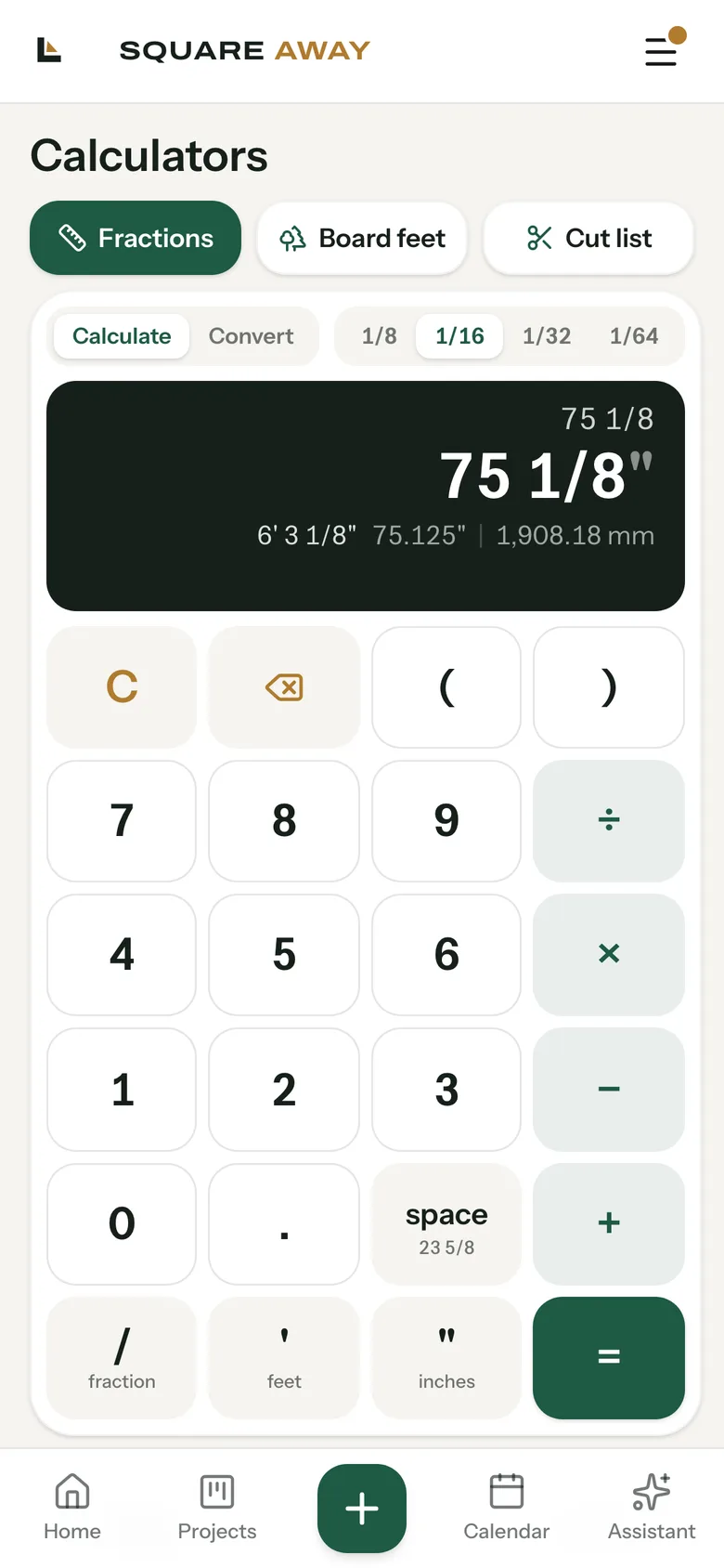 Phone fraction calculator adding 23 5/8 inches to 4 feet 3 1/2 inches and answering 75 1/8 inches
