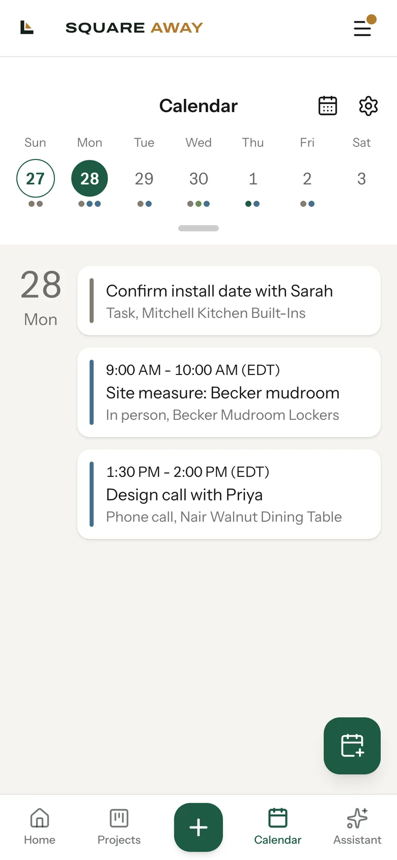 Phone calendar showing Monday's site measure, a design call and a task
