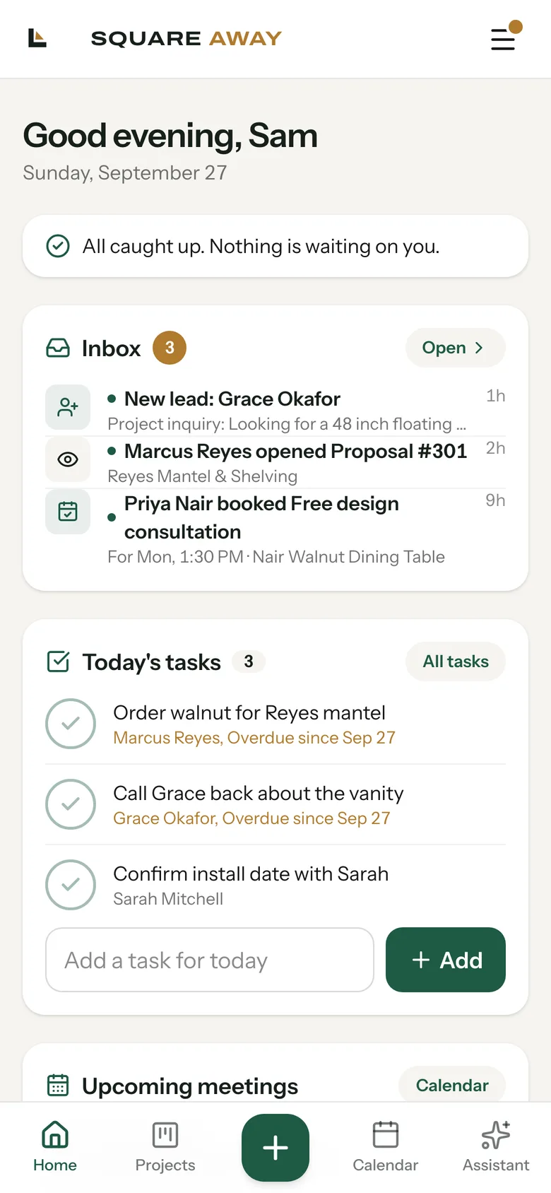Phone home screen: a greeting, the inbox with a new lead and a booked call, and today's tasks
