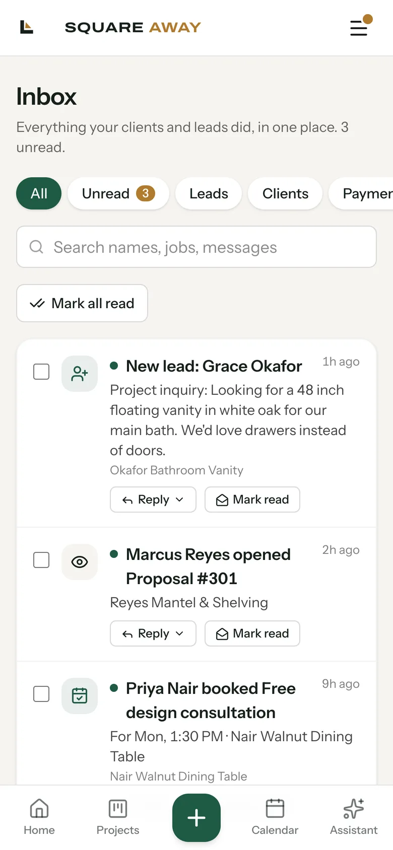 The inbox on the phone with a new lead, an opened proposal and a booked consultation