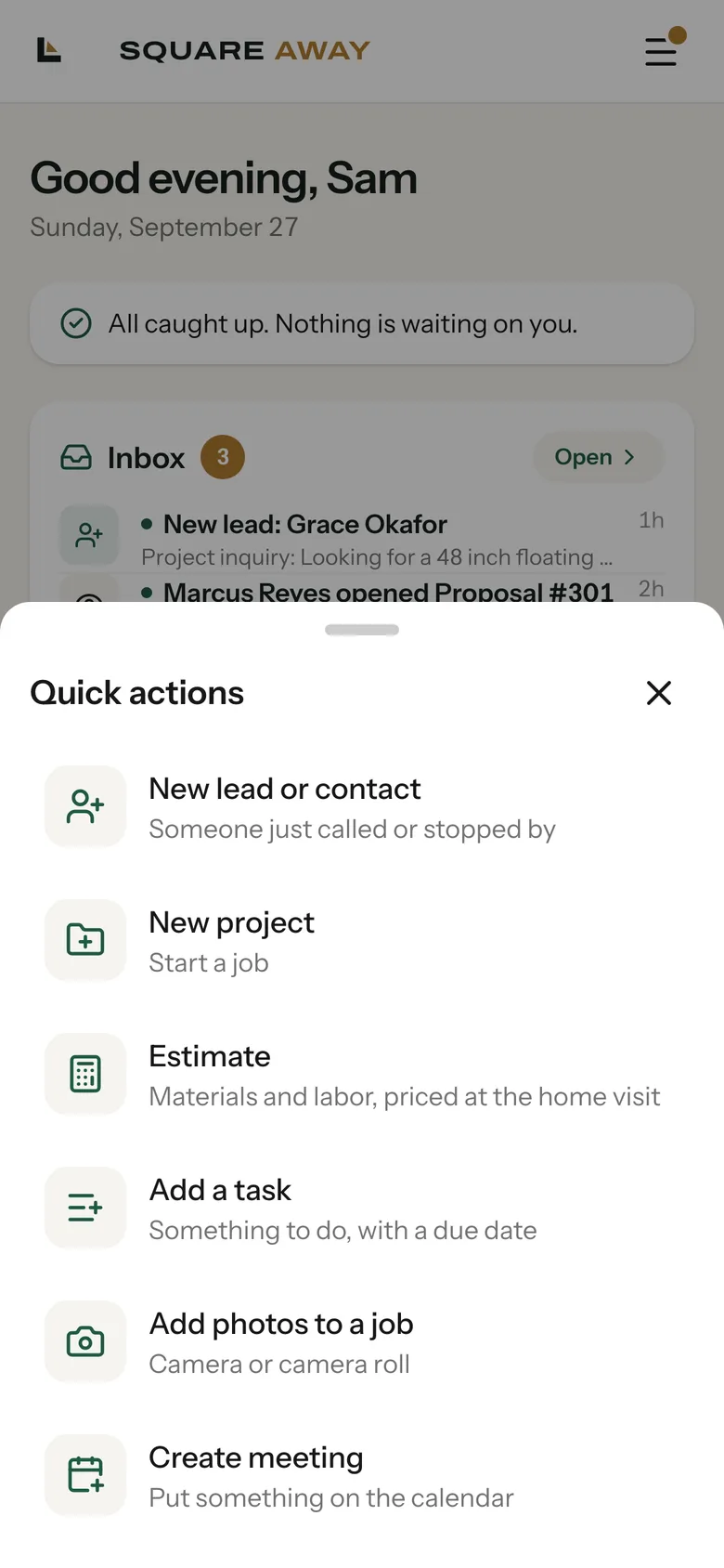 Phone quick actions menu: new lead or contact, new project, estimate, add a task, add photos to a job, create meeting