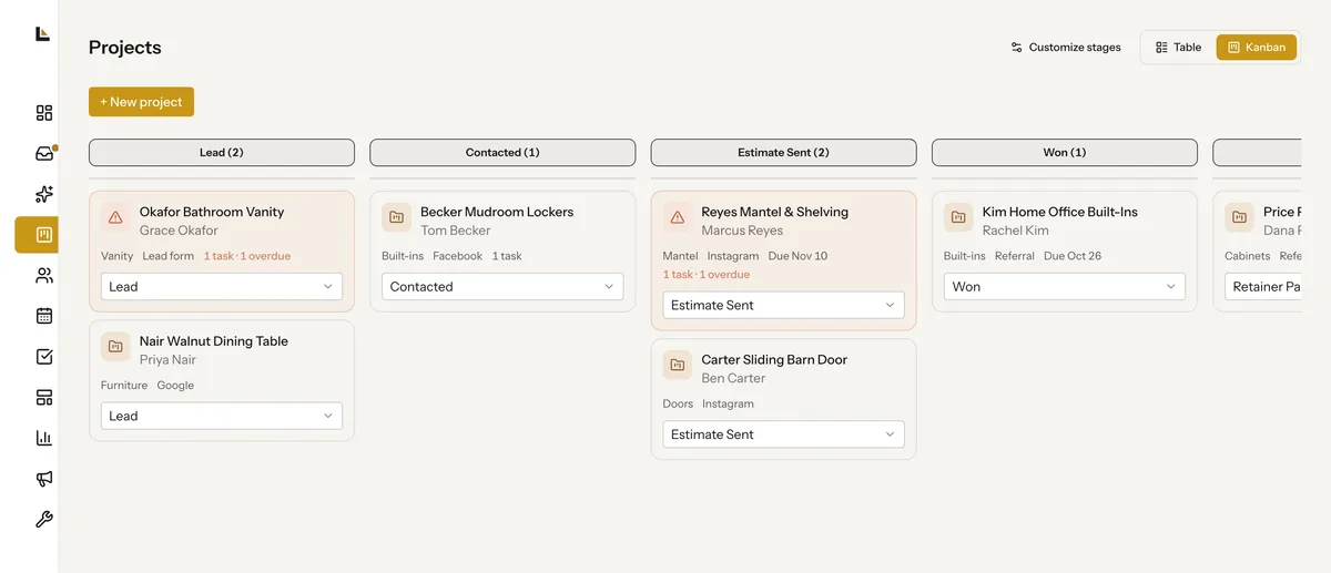 The projects board with jobs in columns by stage: Lead, Contacted, Estimate Sent and Won