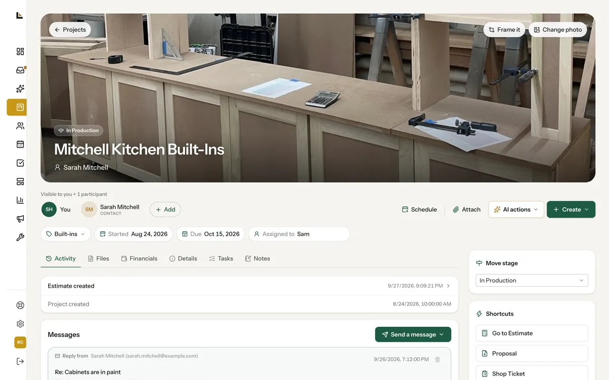 A project page for kitchen built-ins with a photo banner of the cabinets in the shop, the stage, due date, participants, activity and shortcuts