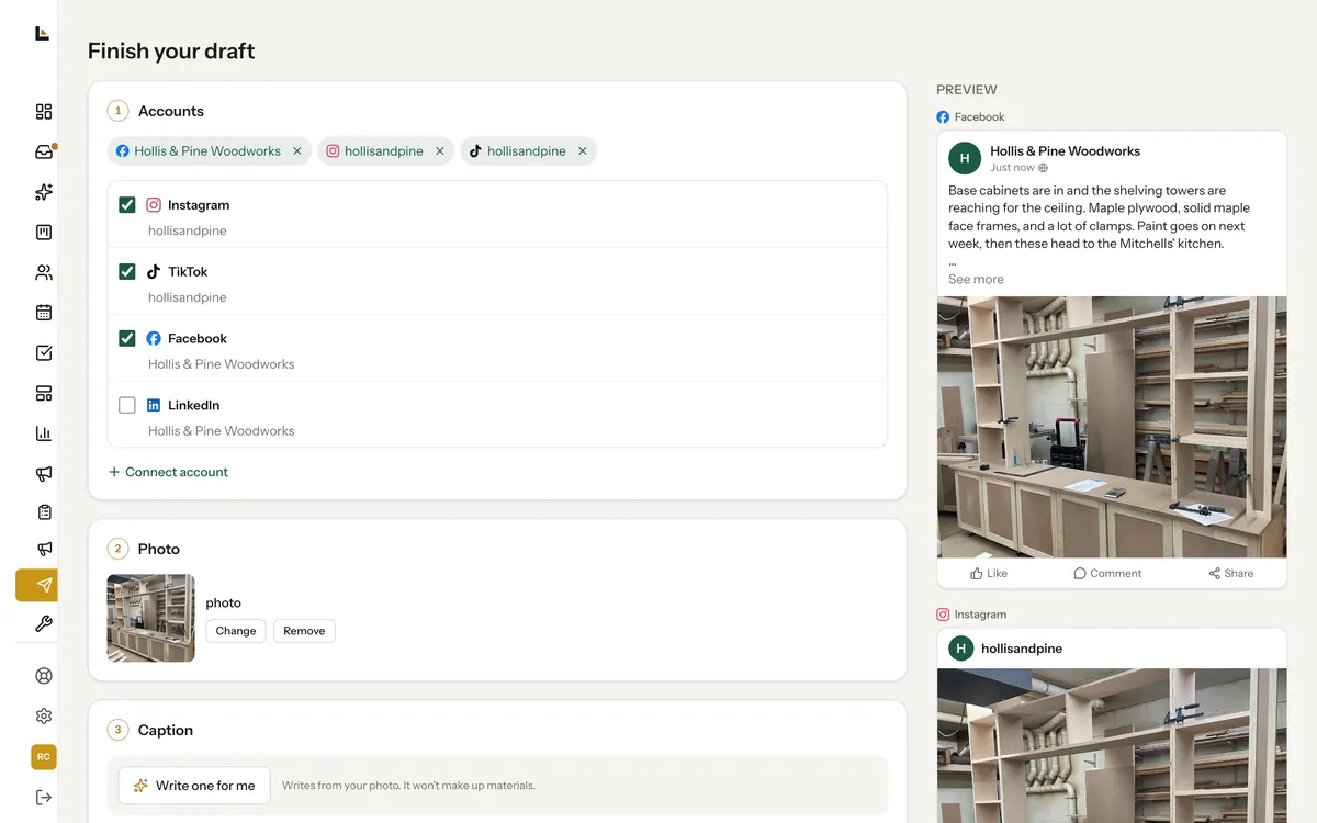 The social post composer with a shop photo of kitchen cabinets, Instagram, TikTok and Facebook picked, and a preview of the Facebook post