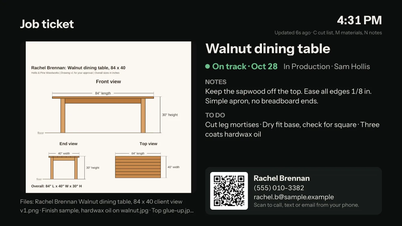 Shop TV job ticket for a walnut dining table in the sample shop