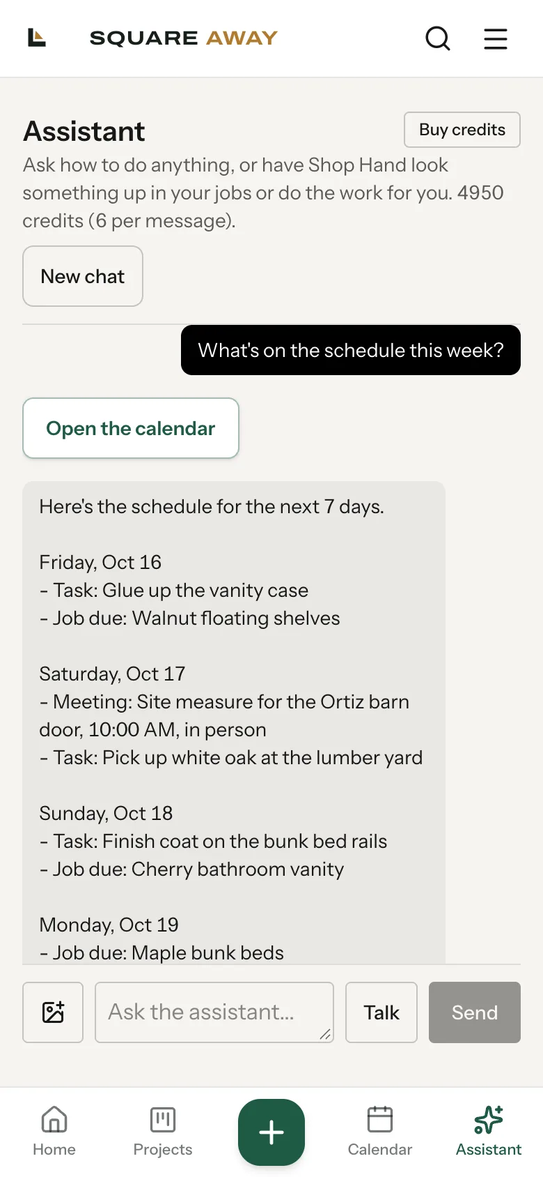 Shop Hand listing the schedule for the next 7 days