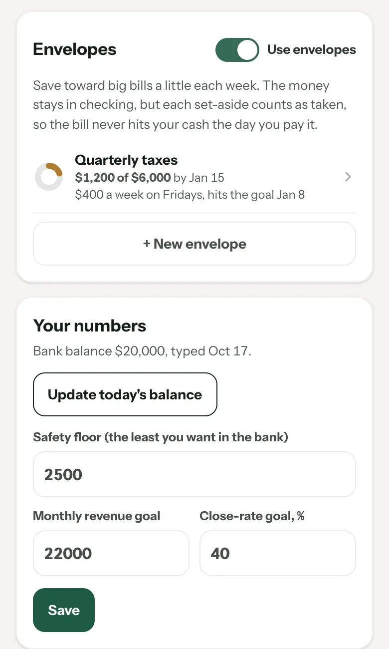 A quarterly taxes envelope at $1,200 of $6,000, and the safety floor setting