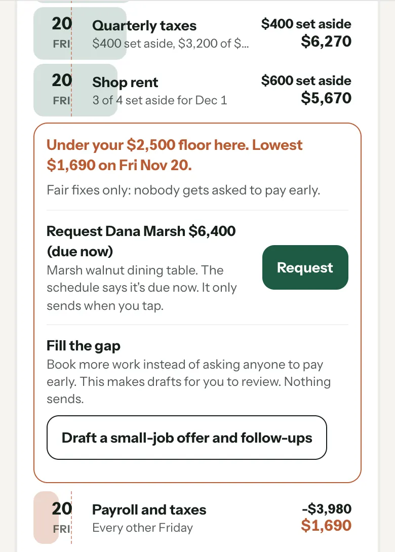 Under your $2,500 floor here: request a payment that's due now, or draft a small-job offer to fill the gap