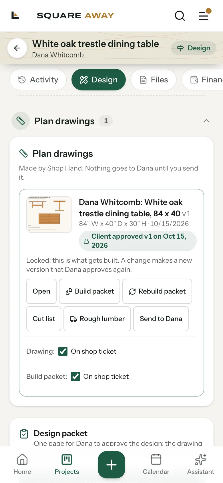 Plan drawings card showing the client approved v1, locked