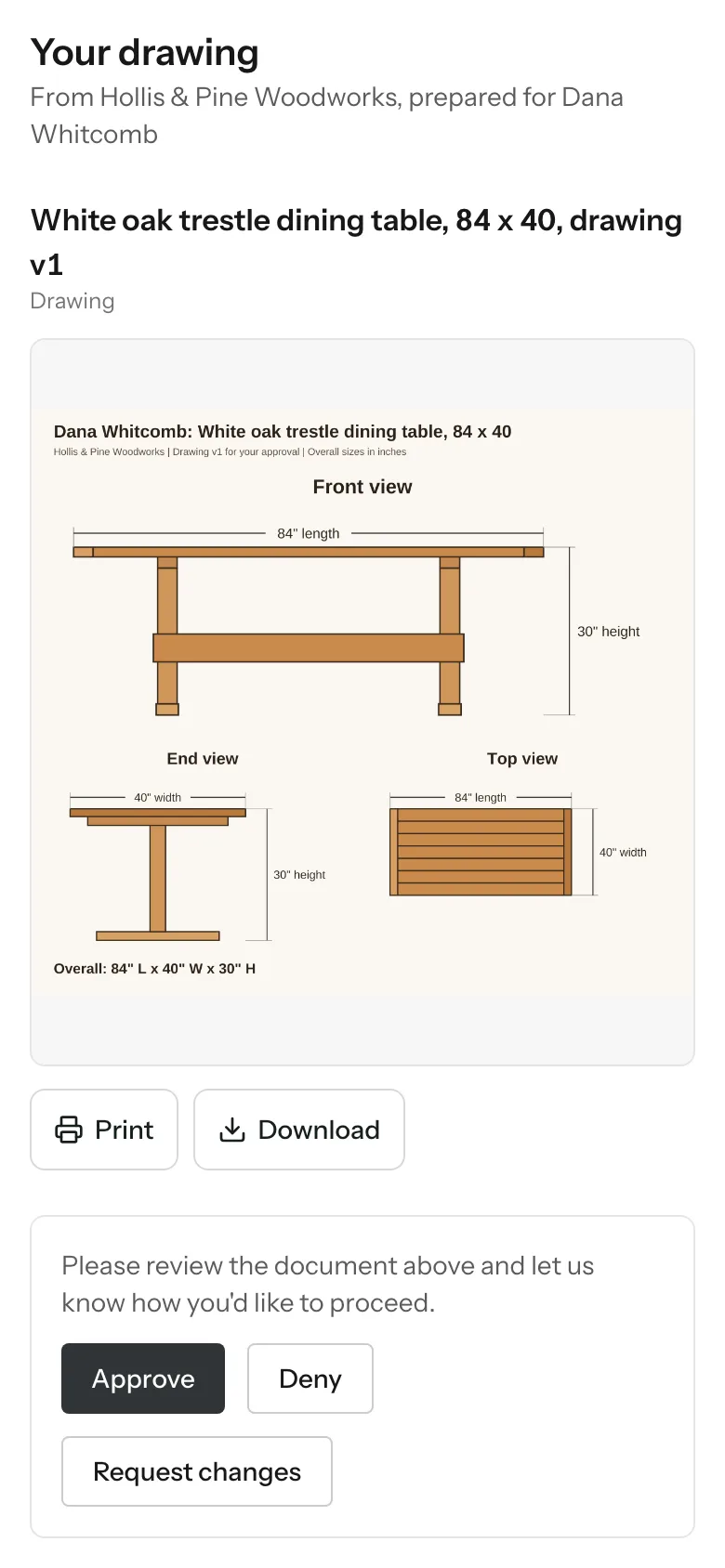 The client's drawing approval page with Approve, Deny and Request changes