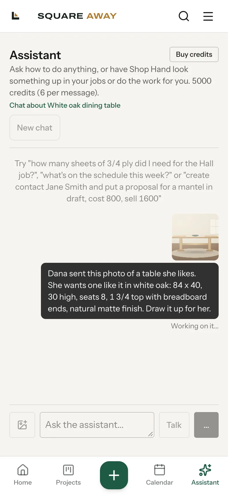 A client's table photo and the owner's notes sent to Shop Hand
