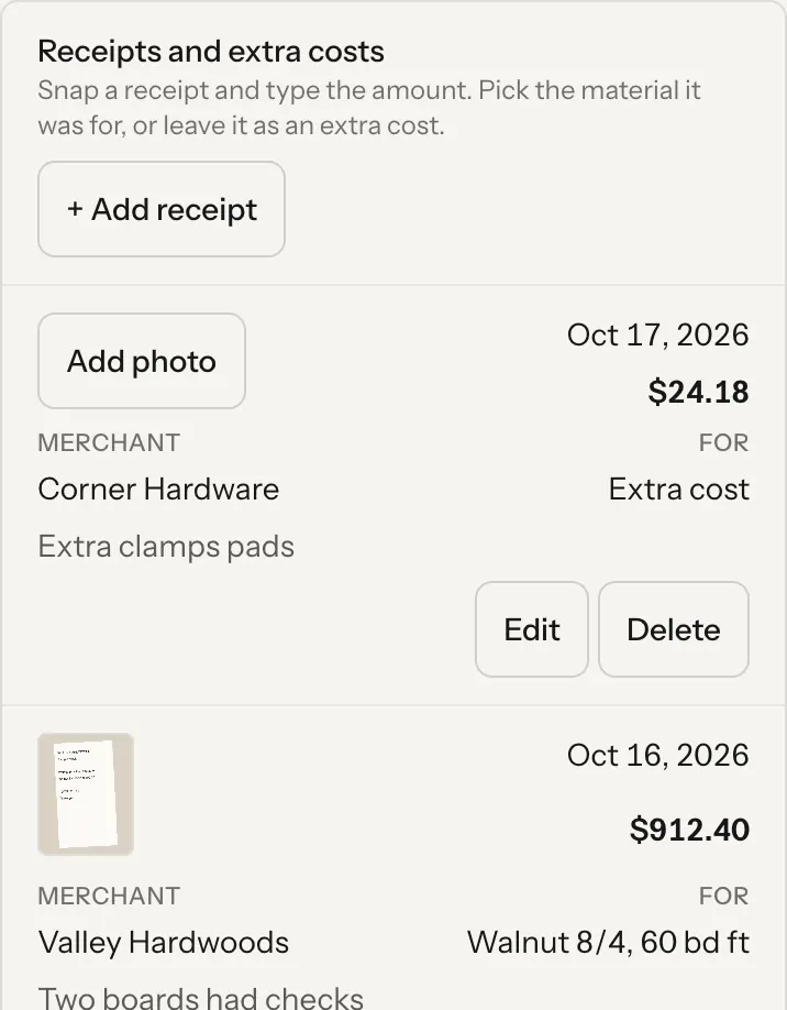 Receipts and extra costs on a job, with a receipt photo