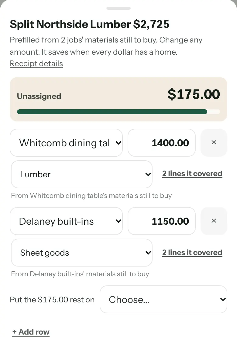 Split a $2,725 lumber receipt across two jobs, with Add row and the rest put on a job or shop supplies