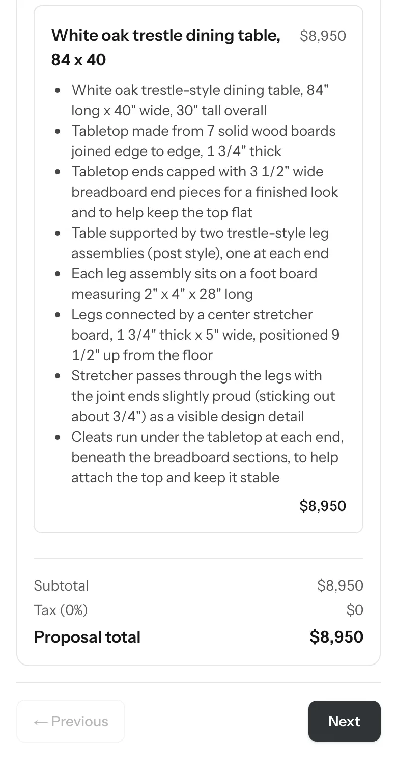 The client's proposal for a white oak trestle dining table, $8,950, with the description bullets