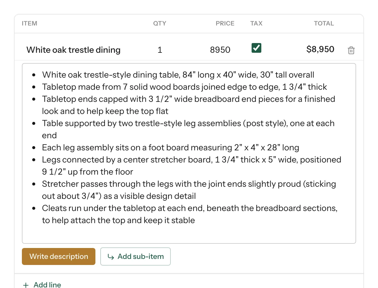 The written description on the proposal line item, ready to send