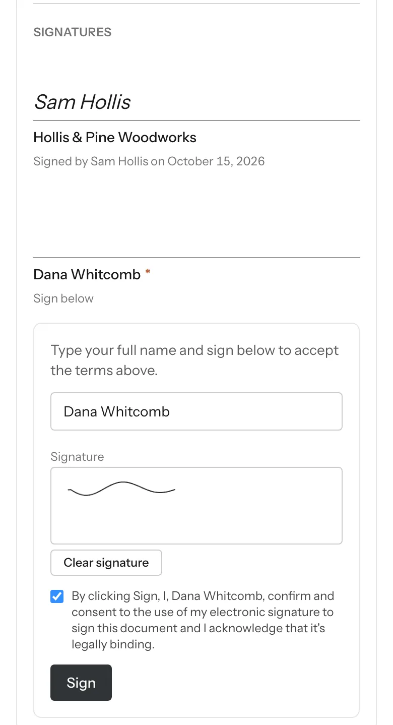 The client signing the terms on their phone