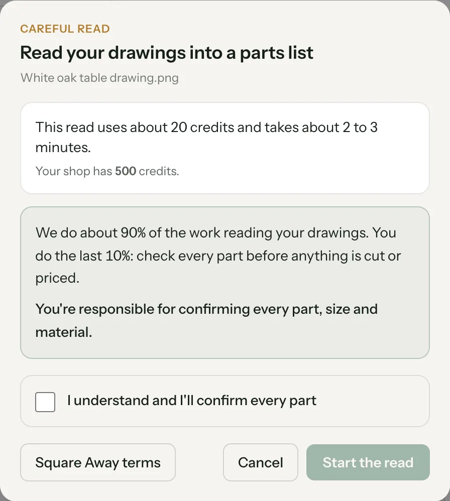 Careful read: read your drawings into a parts list, about 20 credits and 2 to 3 minutes, with the I understand and I'll confirm every part box