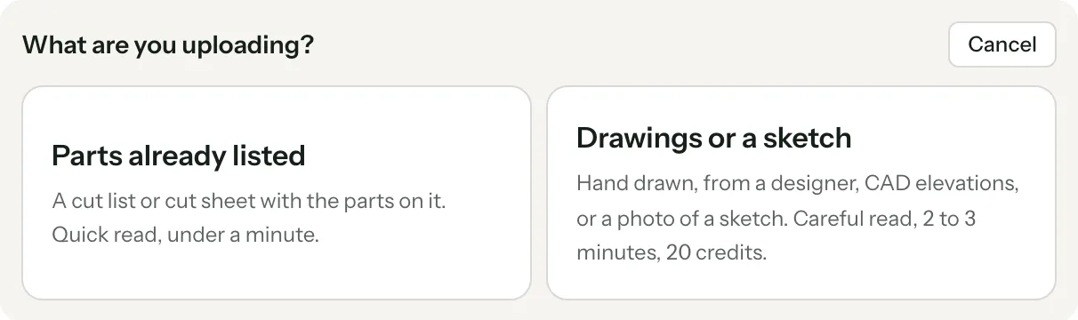 What are you uploading? Parts already listed, or Drawings or a sketch