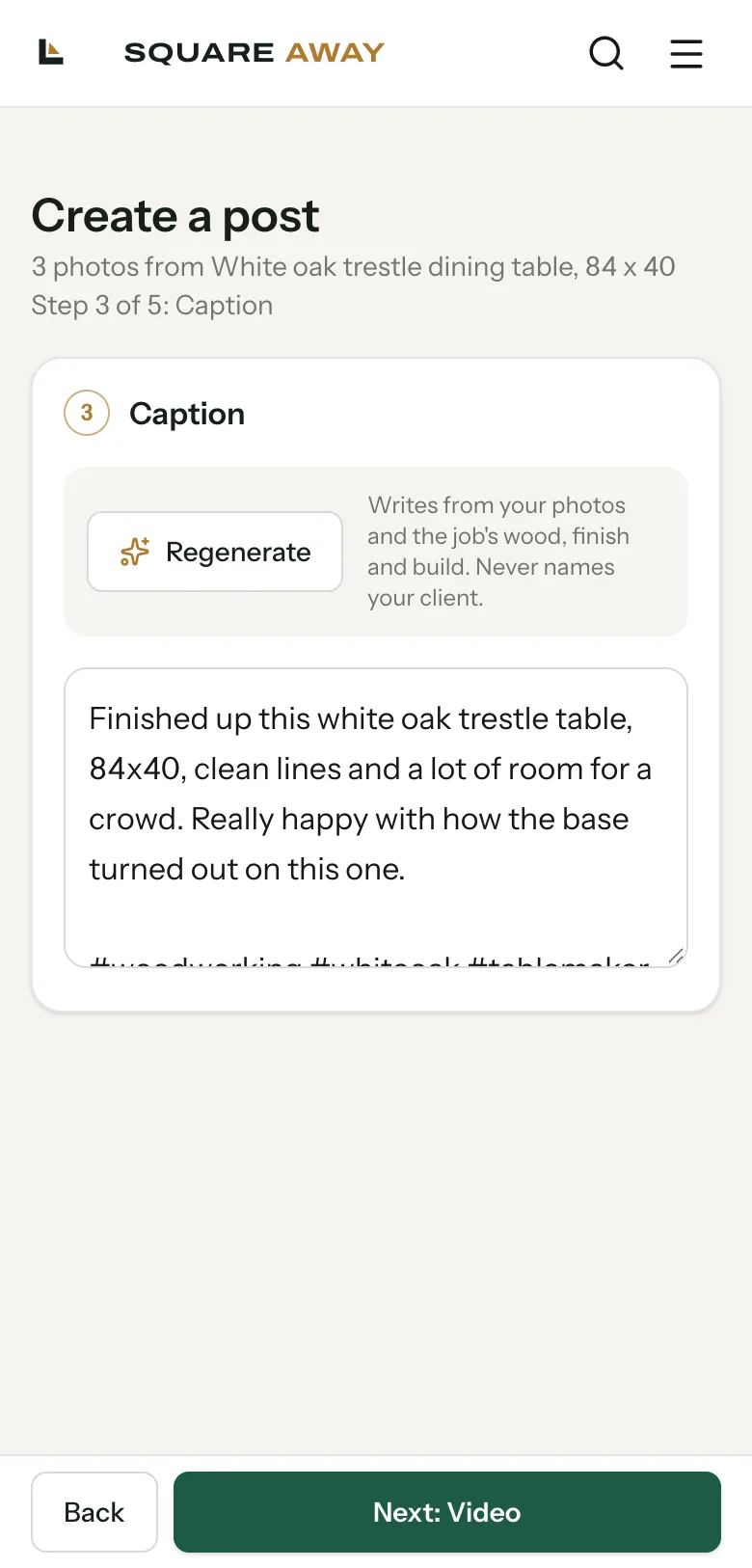 Create a post, step 3 of 5: a caption written for a white oak trestle table, 84 by 40, with a Regenerate button