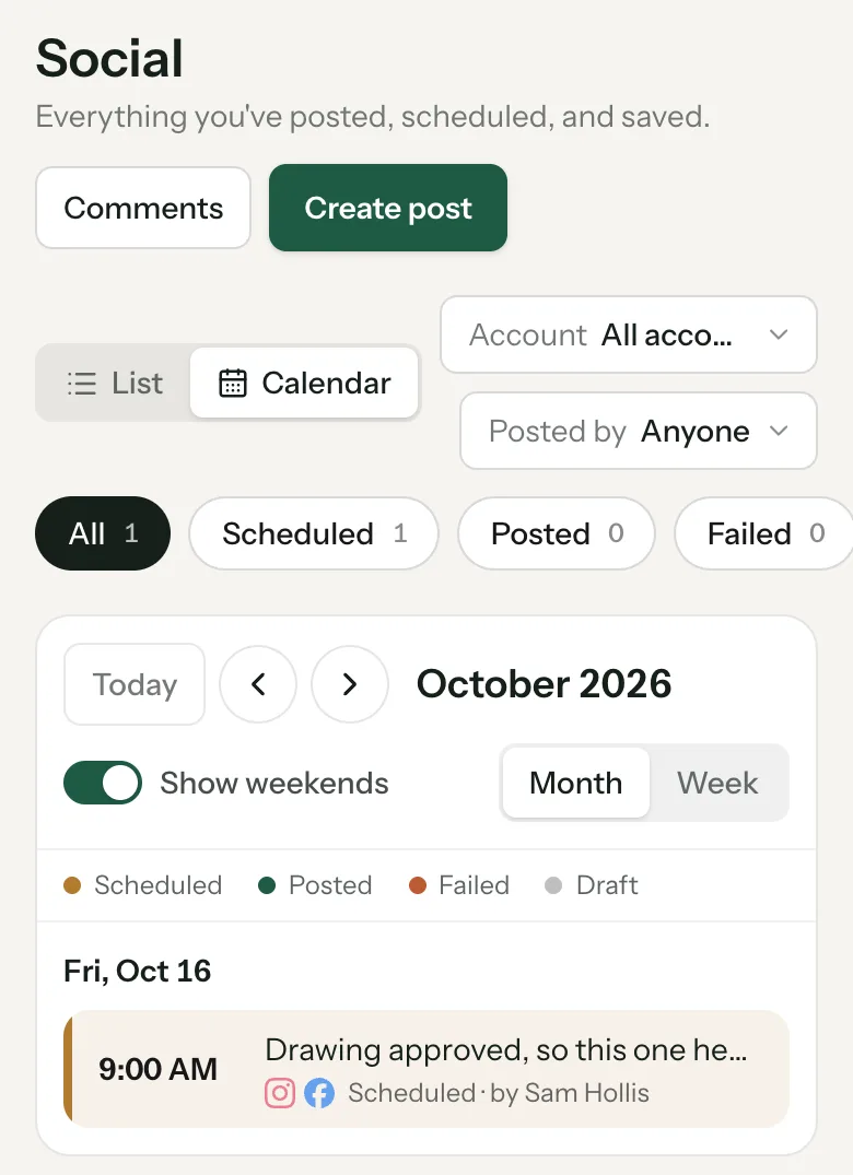 The Social calendar for October 2026 with a post scheduled Friday, October 16 at 9 AM to Instagram and Facebook