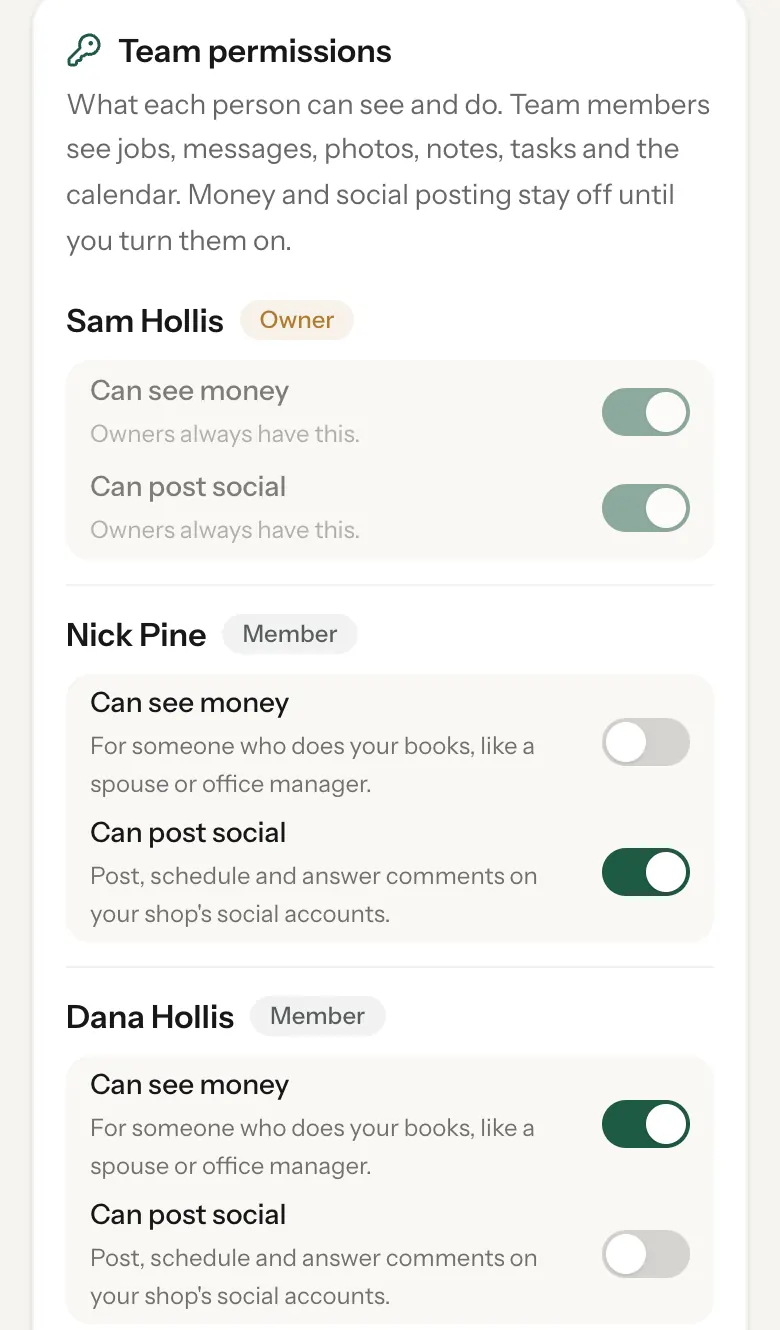 Team permissions: Can see money and Can post social, set per person by the owner